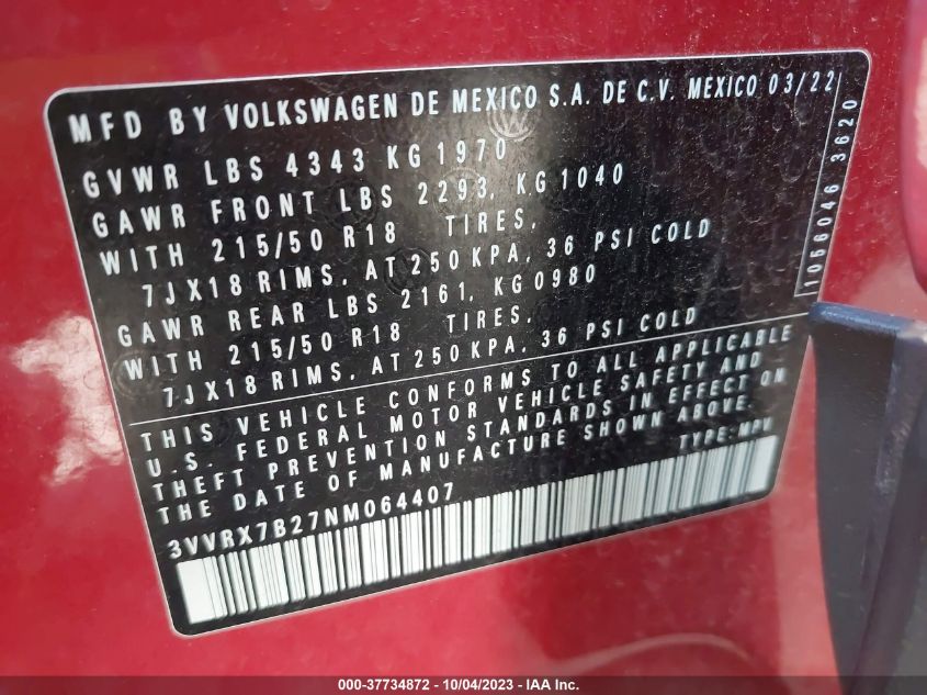 2022 VOLKSWAGEN TAOS SE - 3VVRX7B27NM064407