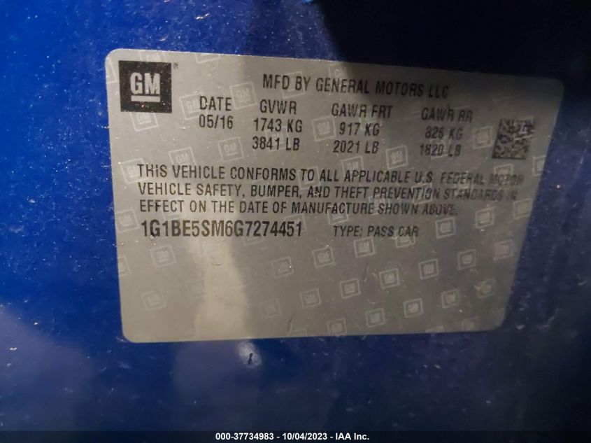 2016 CHEVROLET CRUZE LT - 1G1BE5SM6G7274451