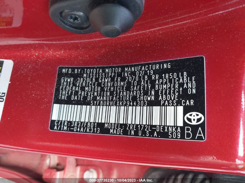 2019 TOYOTA COROLLA LE - 5YFBURHEXKP944303