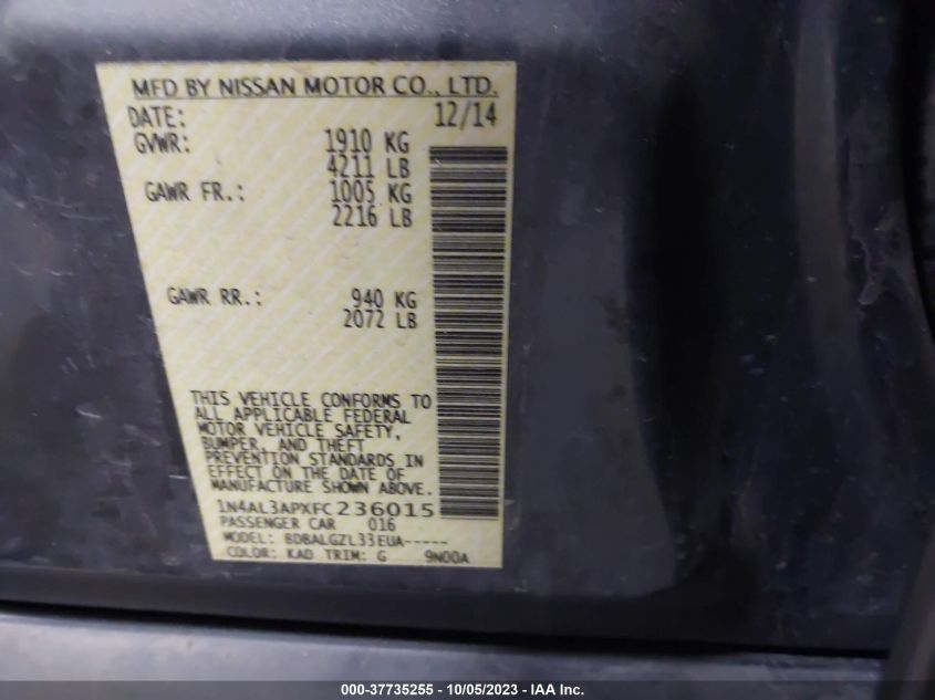 2015 NISSAN ALTIMA 2.5/S/SV/SL - 1N4AL3APXFC236015