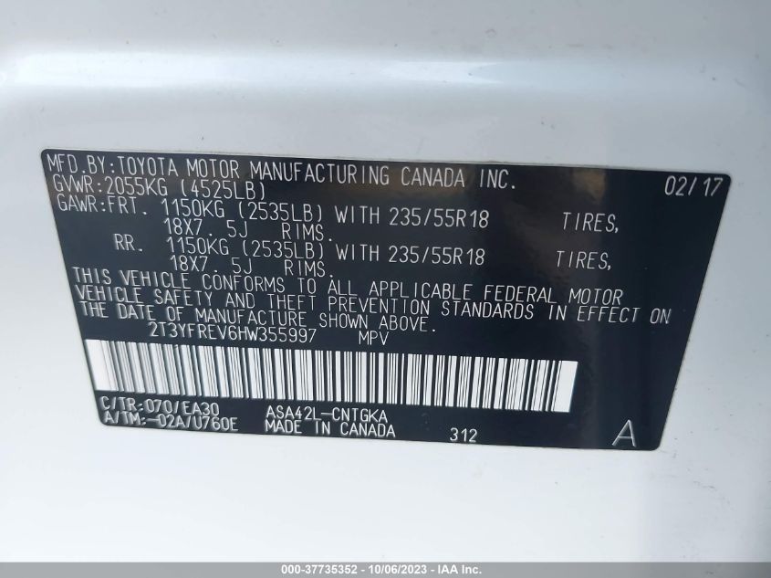 2017 TOYOTA RAV4 LIMITED/PLATINUM - 2T3YFREV6HW355997