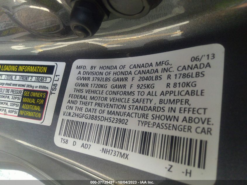 2013 HONDA CIVIC CPE EX 2HGFG3B85DH523902
