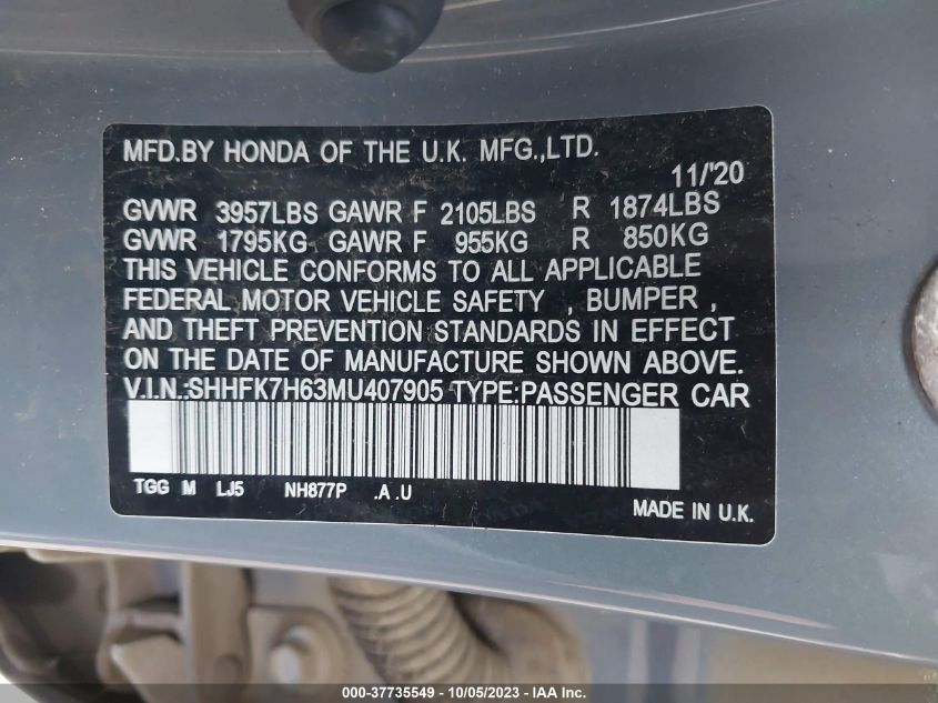 2021 HONDA CIVIC HATCHBACK EX SHHFK7H63MU407905