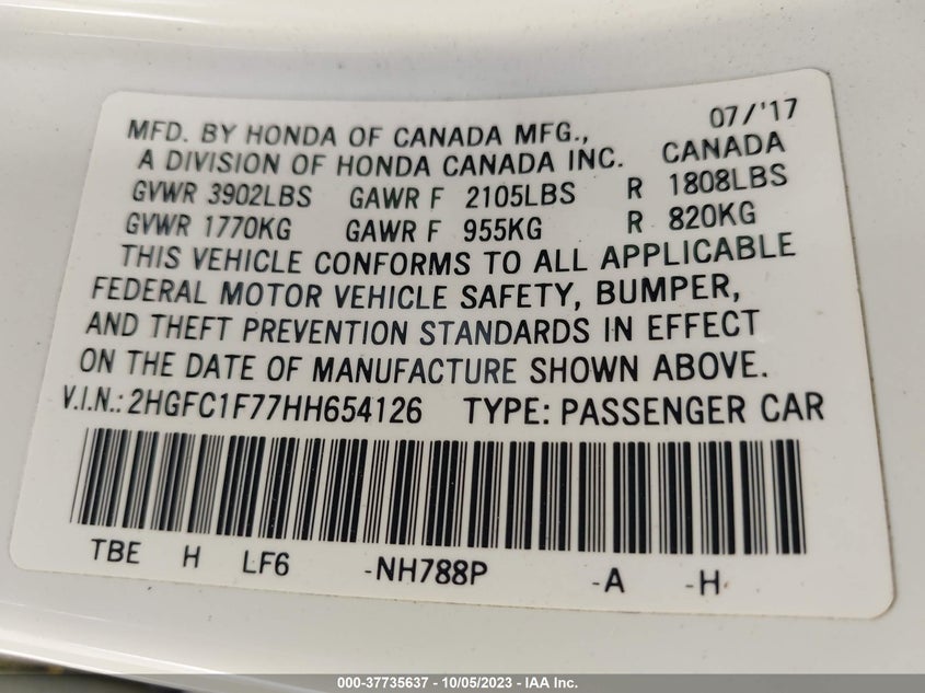 VIN 2HGFC1F77HH654126 2017 HONDA CIVIC SEDAN EX-L