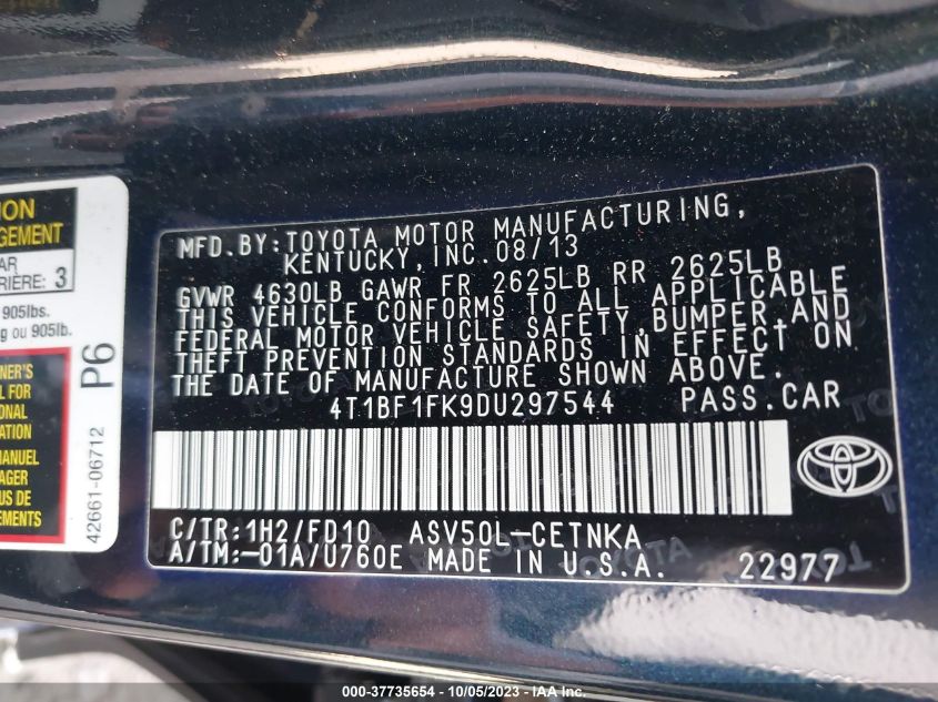 2013 TOYOTA CAMRY L/LE/SE/XLE - 4T1BF1FK9DU297544