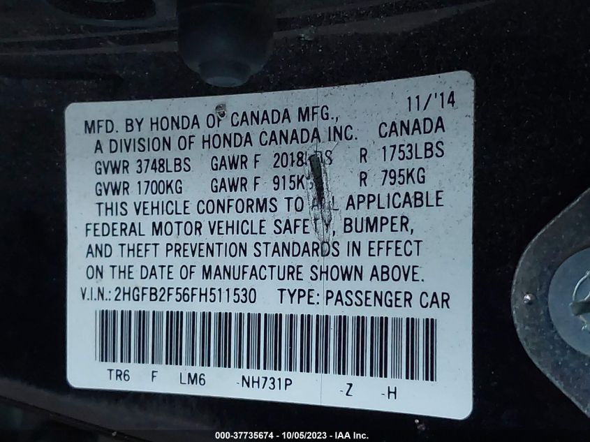 2015 HONDA CIVIC LX - 2HGFB2F56FH511530