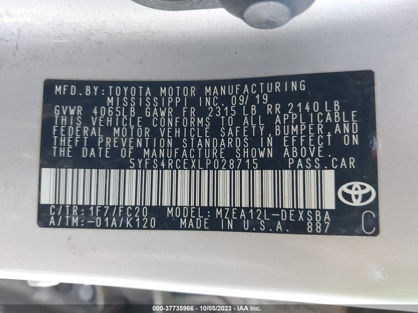 VIN 5YFS4RCEXLP028715 2020 TOYOTA COROLLA SE/NIGHTSHADE