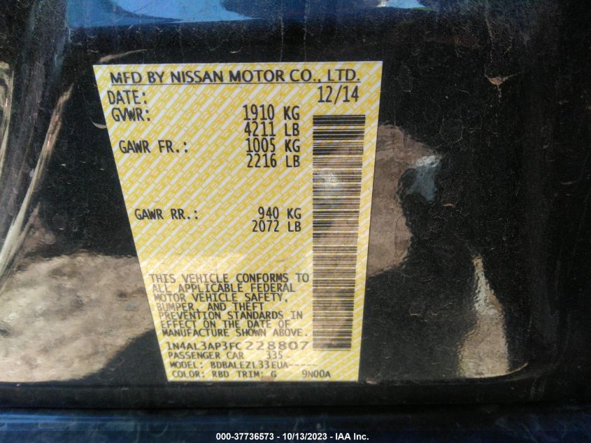 2015 NISSAN ALTIMA 2.5/S/SV/SL - 1N4AL3AP3FC228807