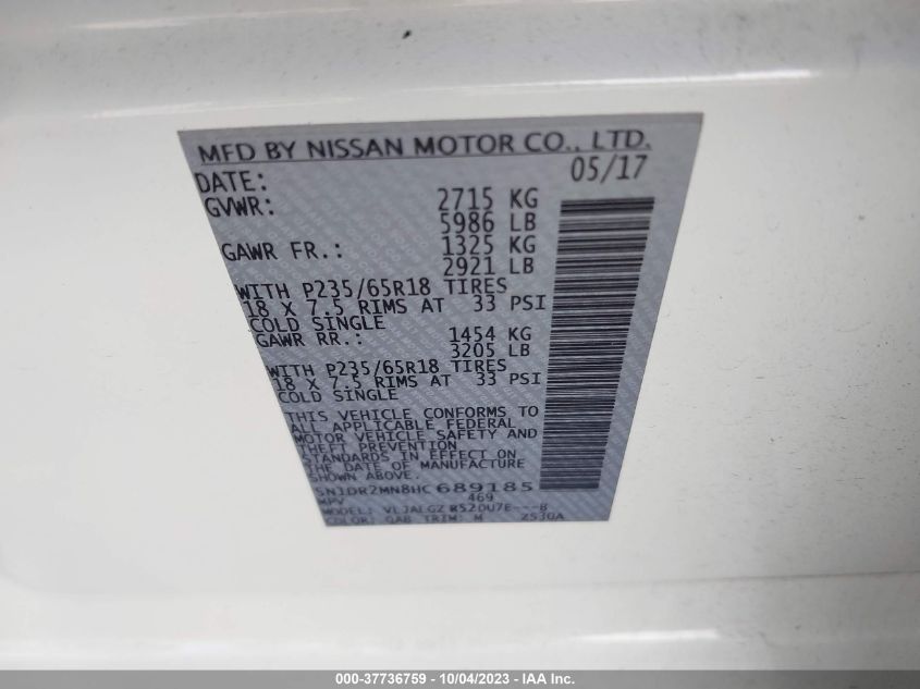 2017 NISSAN PATHFINDER S/SV/SL/PLATINUM - 5N1DR2MN8HC689185