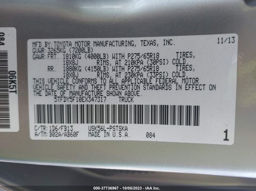 2014 TOYOTA TUNDRA 4WD TRUCK SR5 - 5TFDY5F10EX347317