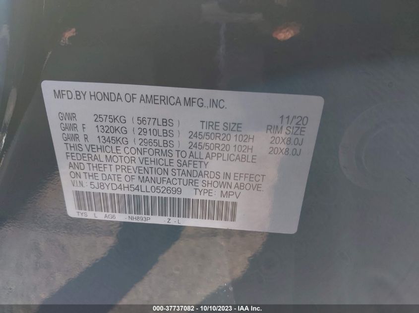 2020 ACURA MDX W/TECHNOLOGY PKG - 5J8YD4H54LL052699