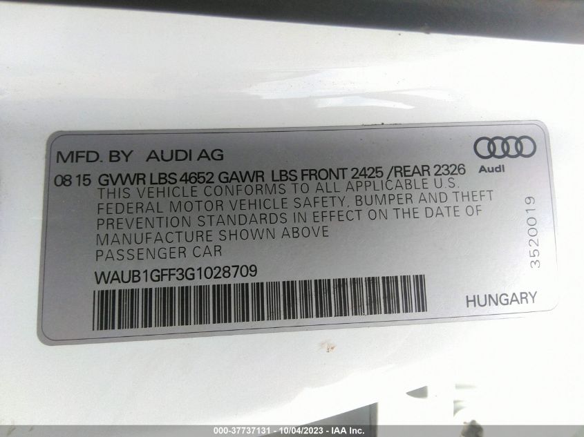 2016 AUDI S3 PREMIUM PLUS - WAUB1GFF3G1028709