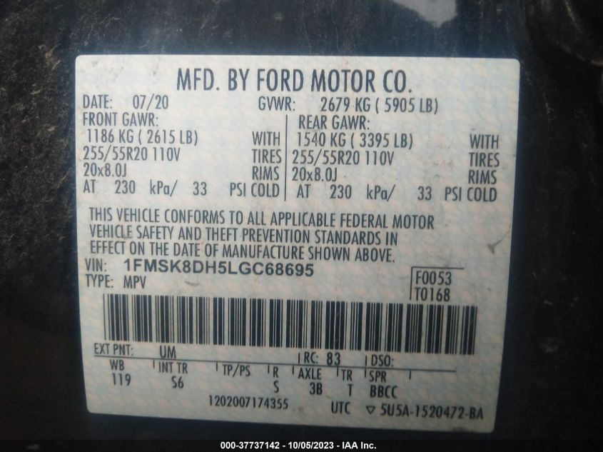 2020 FORD EXPLORER XLT - 1FMSK8DH5LGC68695