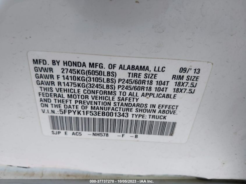 2014 HONDA RIDGELINE RTL - 5FPYK1F53EB001343
