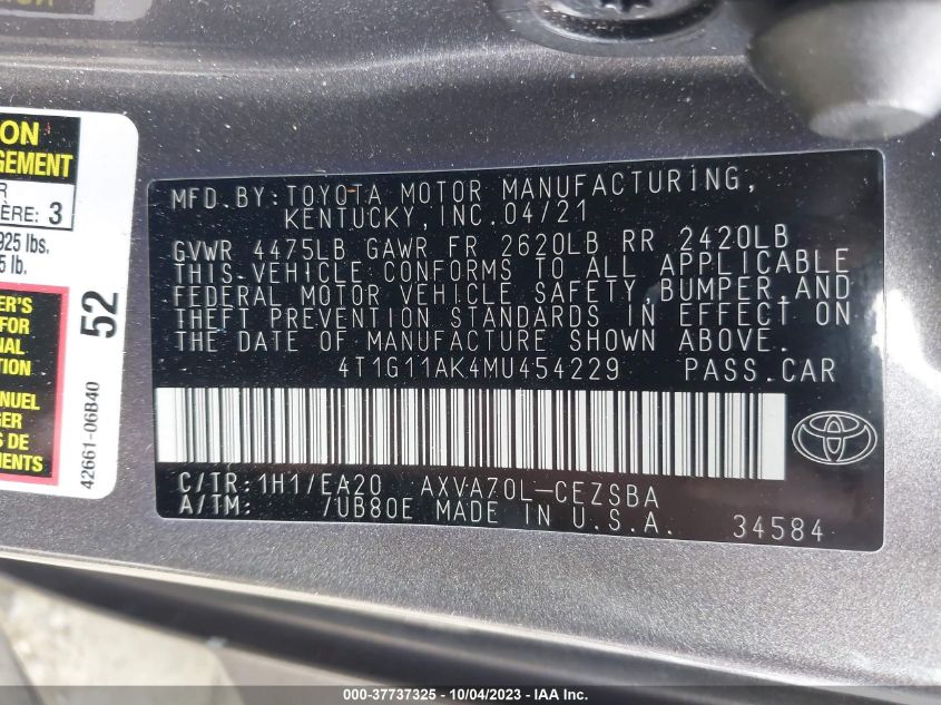 2021 TOYOTA CAMRY SE - 4T1G11AK4MU454229