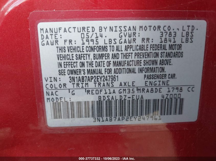 2014 NISSAN SENTRA S/FE+ S/SV/FE+ SV/SR/SL - 3N1AB7AP2EY247961