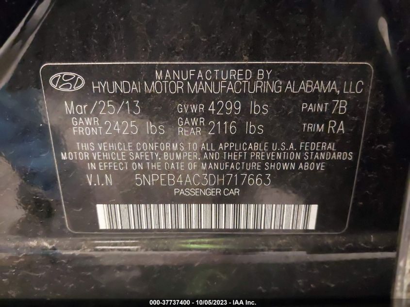 2013 HYUNDAI SONATA GLS PZEV - 5NPEB4AC3DH717663