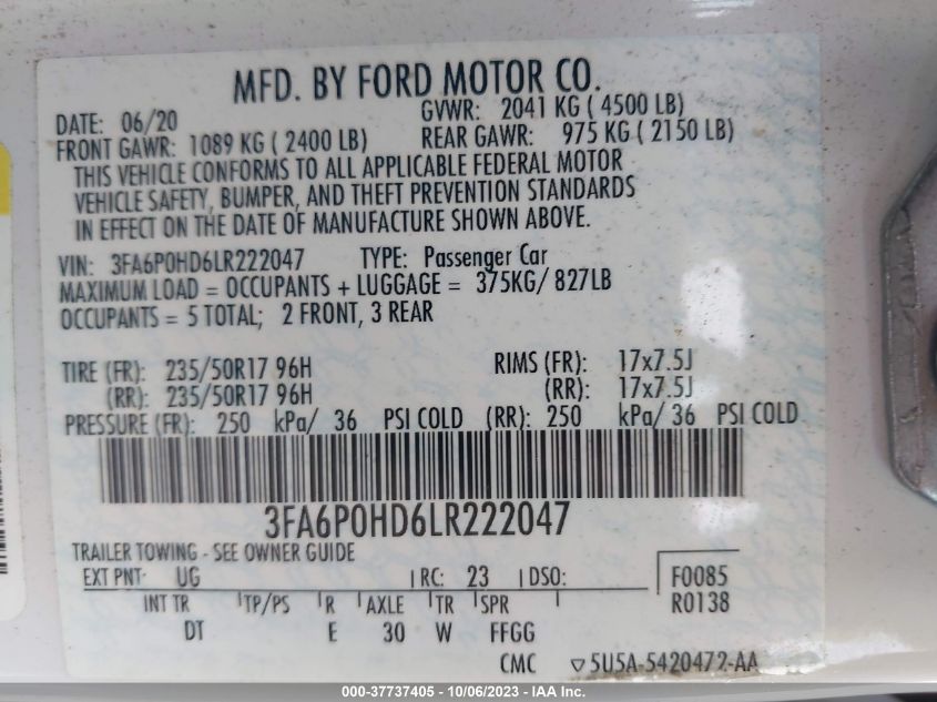 2020 FORD FUSION SE - 3FA6P0HD6LR222047