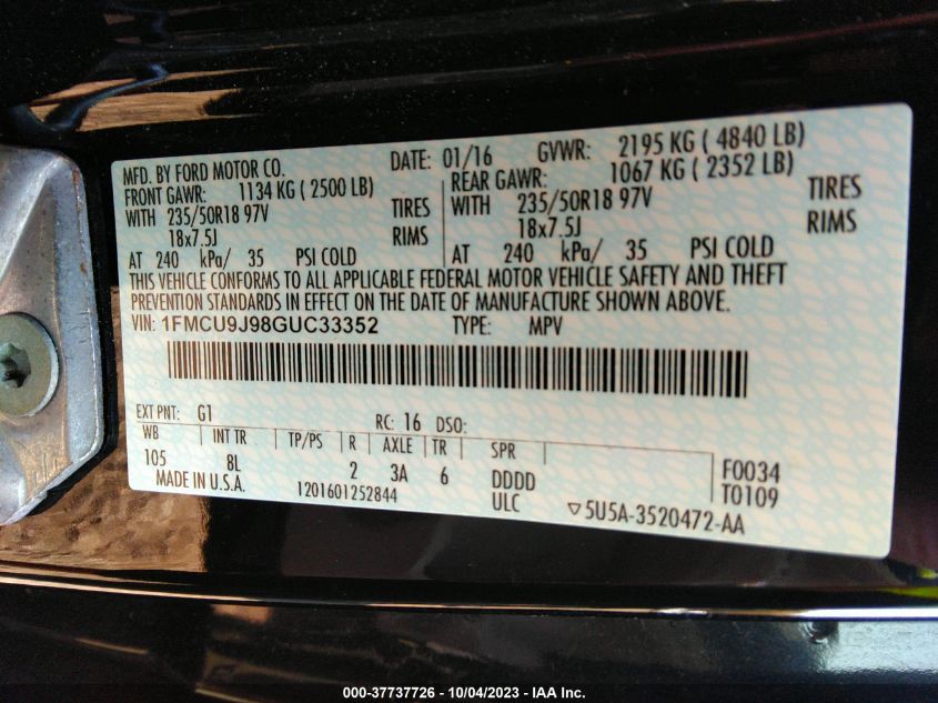 2016 FORD ESCAPE TITANIUM - 1FMCU9J98GUC33352