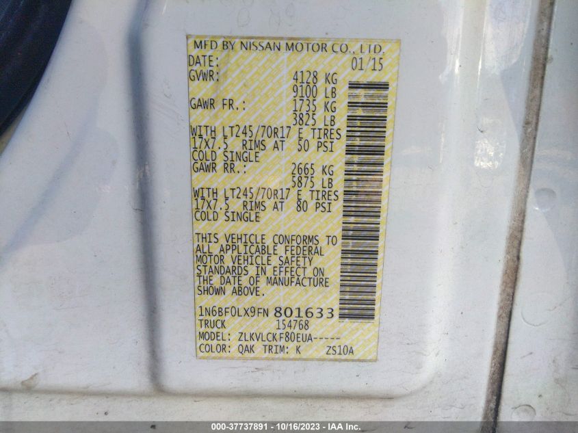2015 NISSAN NV CARGO NV2500 HD S V6/SL V6/SV V6 1N6BF0LX9FN801633