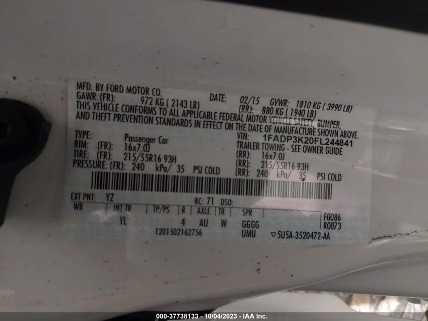 2015 FORD FOCUS SE - 1FADP3K20FL244841