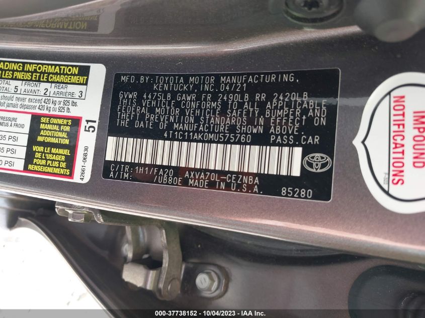 2021 TOYOTA CAMRY LE - 4T1C11AK0MU575760