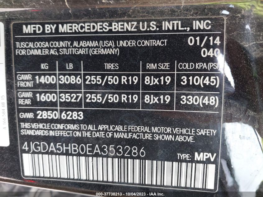 2014 MERCEDES-BENZ M-CLASS ML 350 4JGDA5HB0EA353286