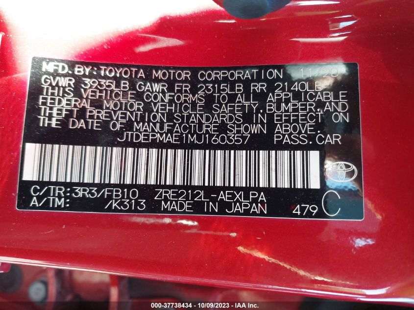2021 TOYOTA COROLLA LE - JTDEPMAE1MJ160357
