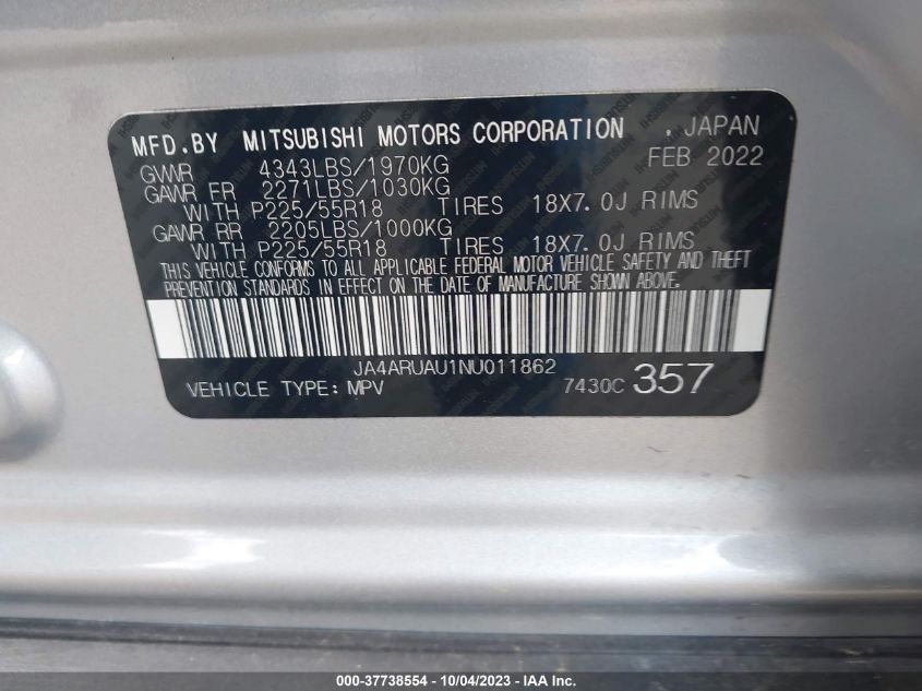 2022 MITSUBISHI OUTLANDER SPORT ES/LE/BE/SE/SE SPECIAL ED - JA4ARUAU1NU011862