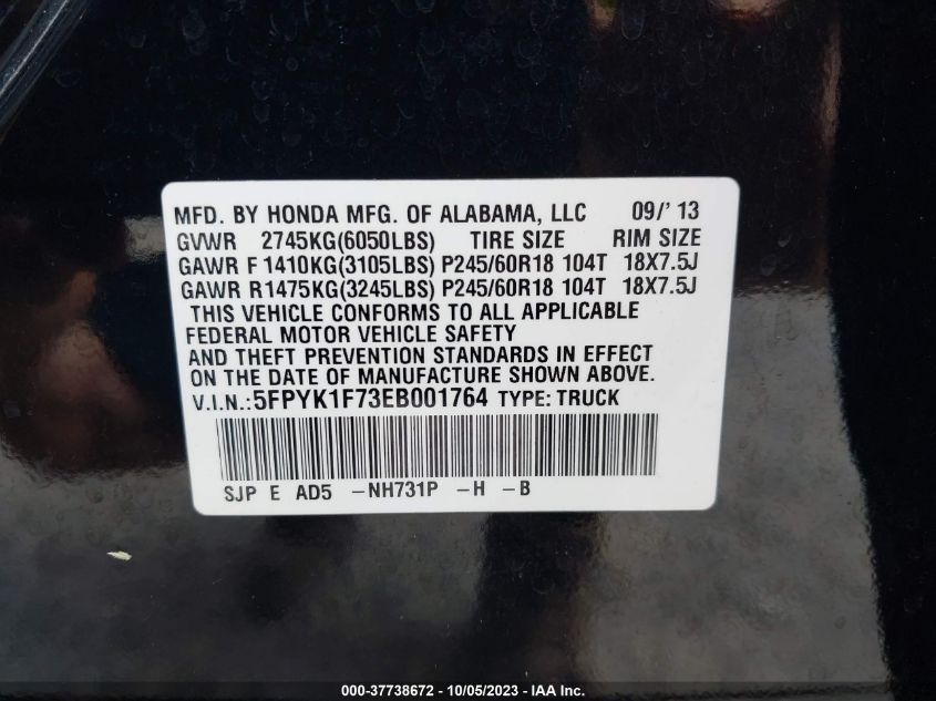 2014 HONDA RIDGELINE SPORT - 5FPYK1F73EB001764
