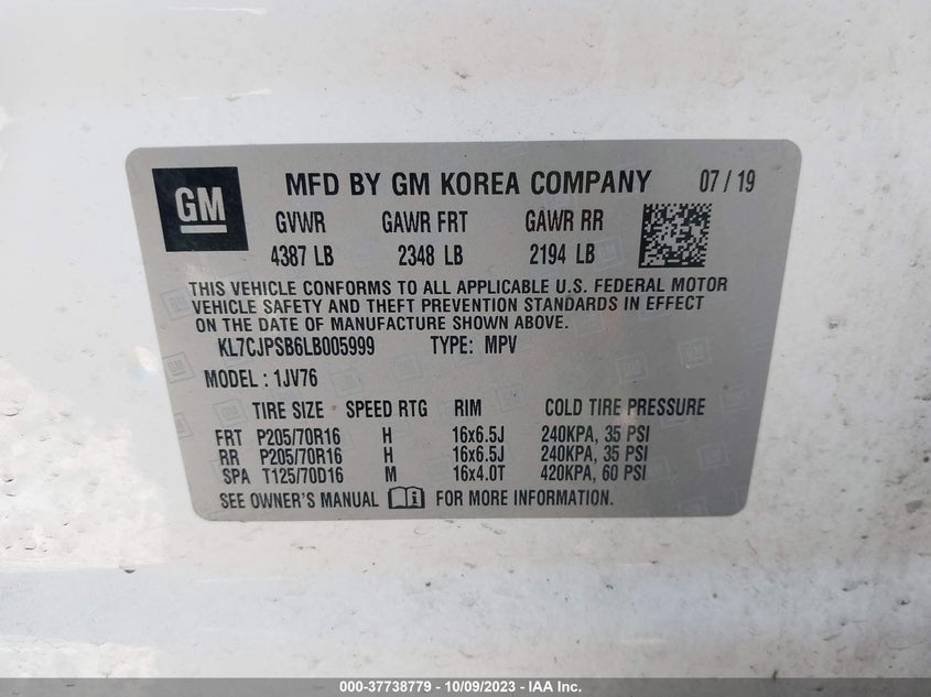 VIN KL7CJPSB6LB005999 2020 CHEVROLET TRAX 1LT