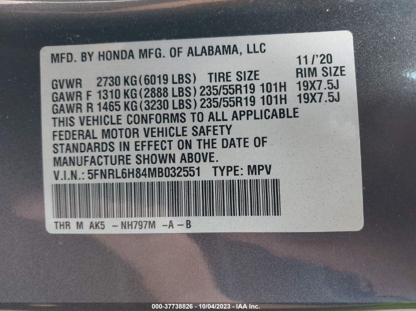 5FNRL6H84MB032551 Honda Odyssey TOURING 9