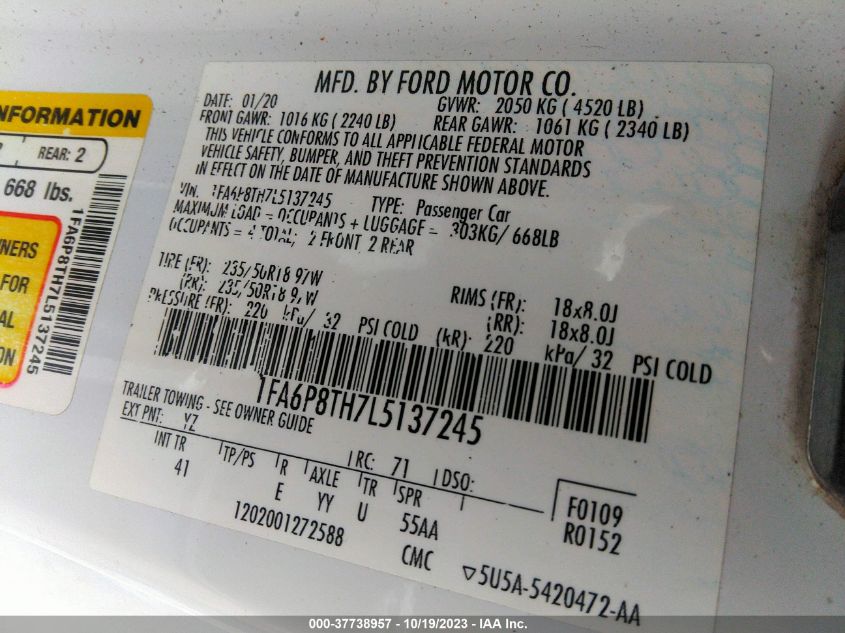 VIN 1FA6P8TH7L5137245 2020 FORD MUSTANG ECOBOOST
