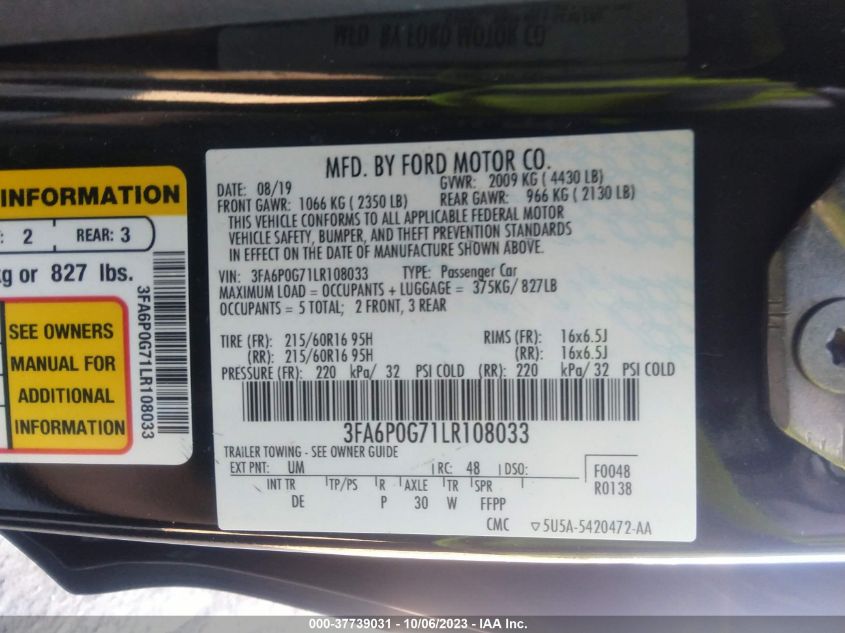 3FA6P0G71LR108033 Ford Fusion S 9