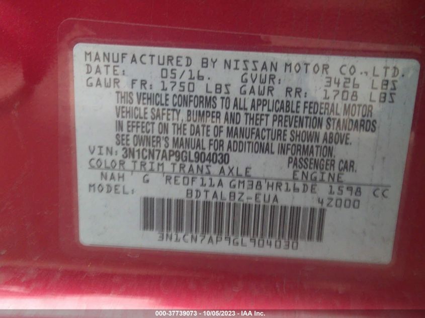 2016 NISSAN VERSA S/S PLUS/SV/SL - 3N1CN7AP9GL904030