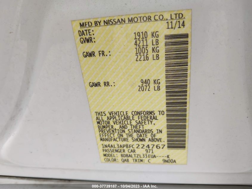 2015 NISSAN ALTIMA 2.5/S/SV/SL - 1N4AL3AP8FC224767