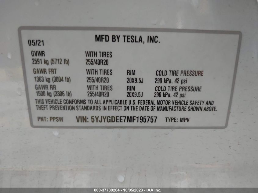 2021 TESLA MODEL Y LONG RANGE - 5YJYGDEE7MF195757