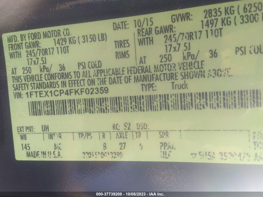 2015 FORD F-150 XL/LARIAT/XLT - 1FTEX1CP4FKF02359