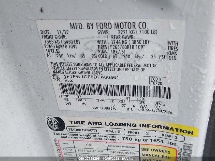 2013 FORD F-150 XL/XLT/FX2/LARIAT - 1FTFW1CF6DFA60561