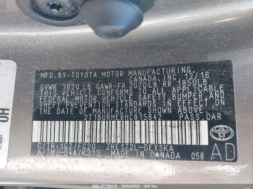 2017 TOYOTA COROLLA L/LE/XLE/SE - 2T1BURHE8HC815842