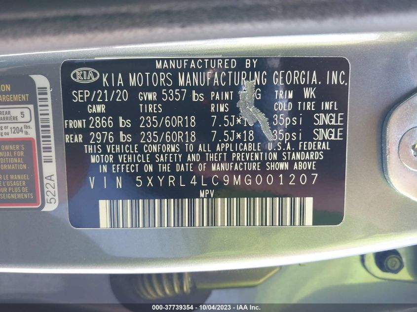 2021 KIA SORENTO S - 5XYRL4LC9MG001207