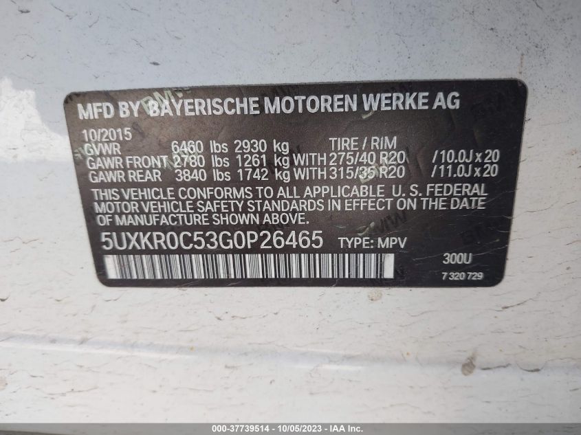 2016 BMW X5 XDRIVE35I - 5UXKR0C53G0P26465