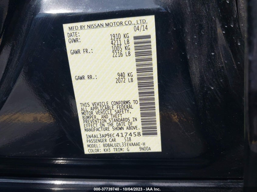Auction sale of the 2014 NISSAN ALTIMA , vin: 1N4AL3AP9EC417458, lot number: 37739740