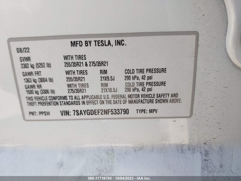 VIN 7SAYGDEF2NF533790 2022 TESLA MODEL Y