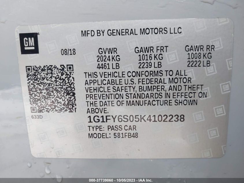 2019 CHEVROLET BOLT EV LT - 1G1FY6S05K4102238