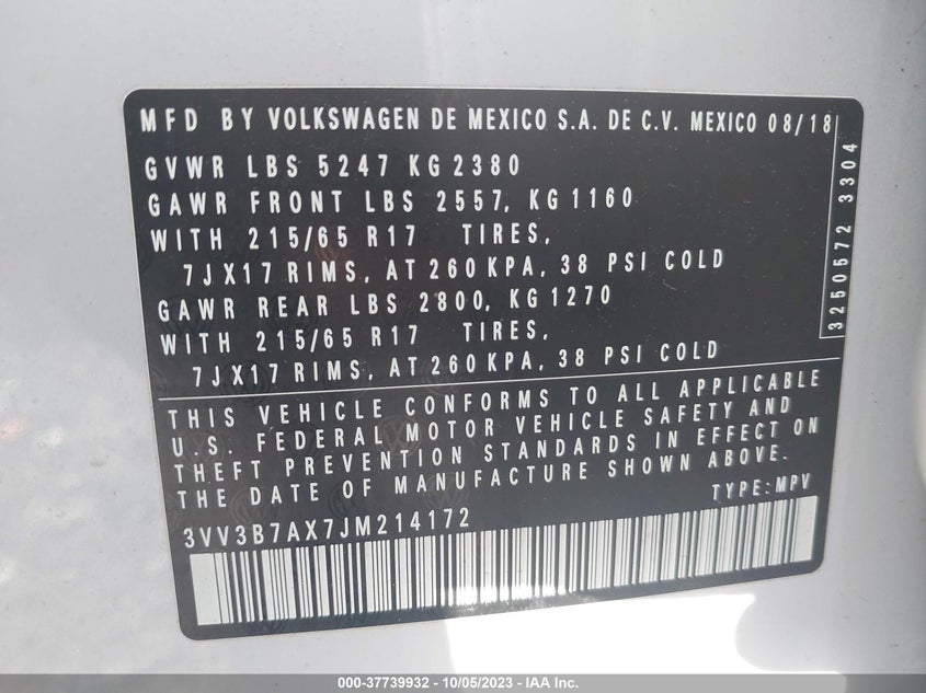 VIN 3VV3B7AX7JM214172 2018 VOLKSWAGEN TIGUAN SE/SEL