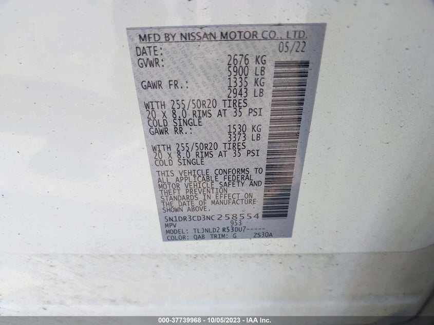 VIN 5N1DR3CD3NC258554 2022 NISSAN PATHFINDER SL