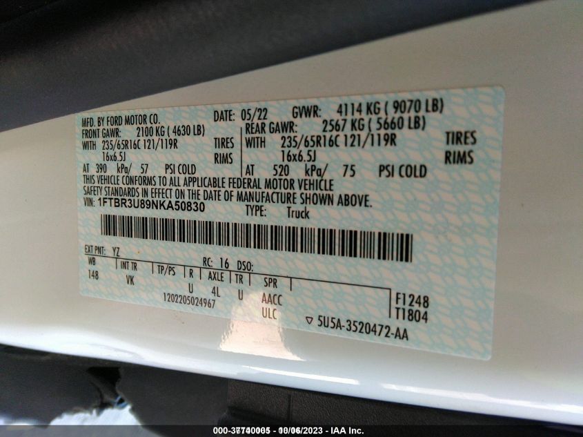 2022 FORD TRANSIT-250 CARGO VAN 1FTBR3U89NKA50830