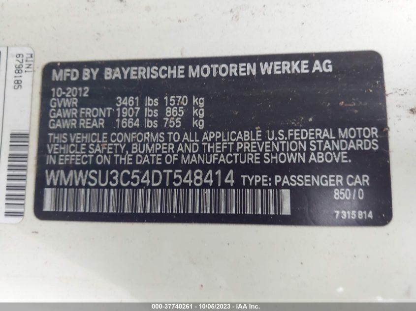 2013 MINI HARDTOP COOPER WMWSU3C54DT548414
