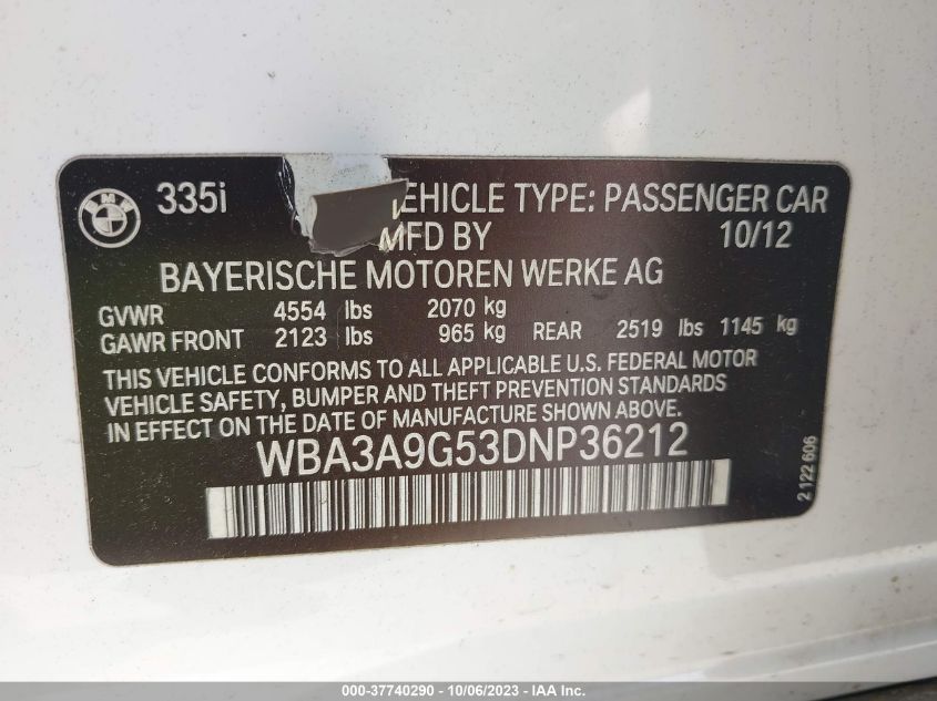 2013 BMW 335I WBA3A9G53DNP36212